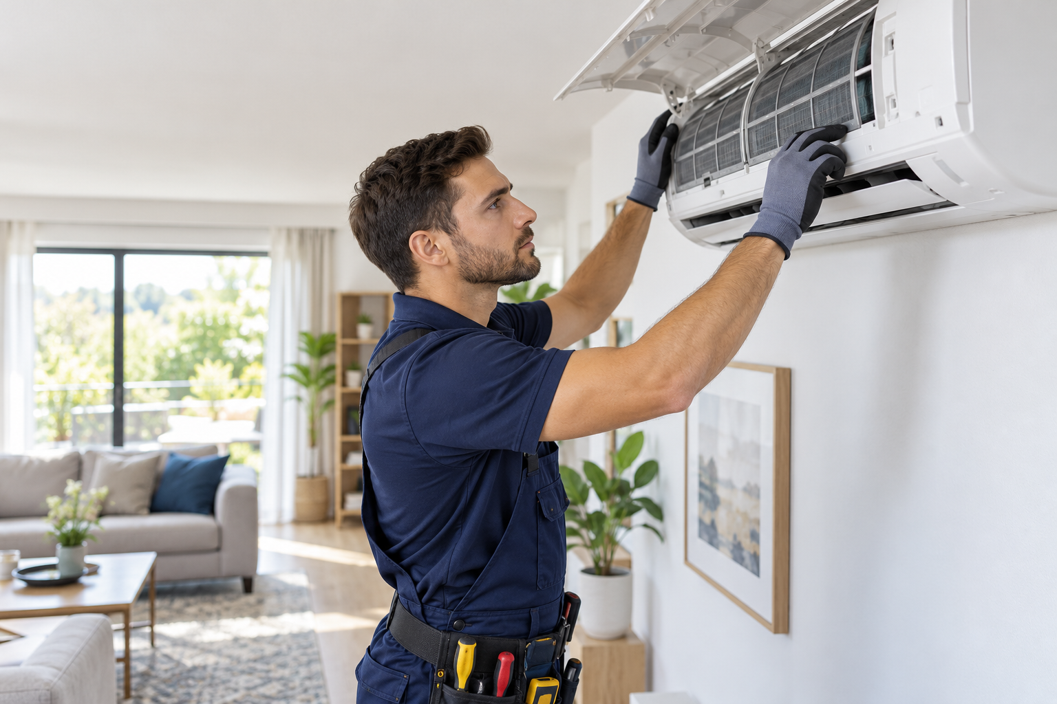 AC technician servicing a split air conditioner