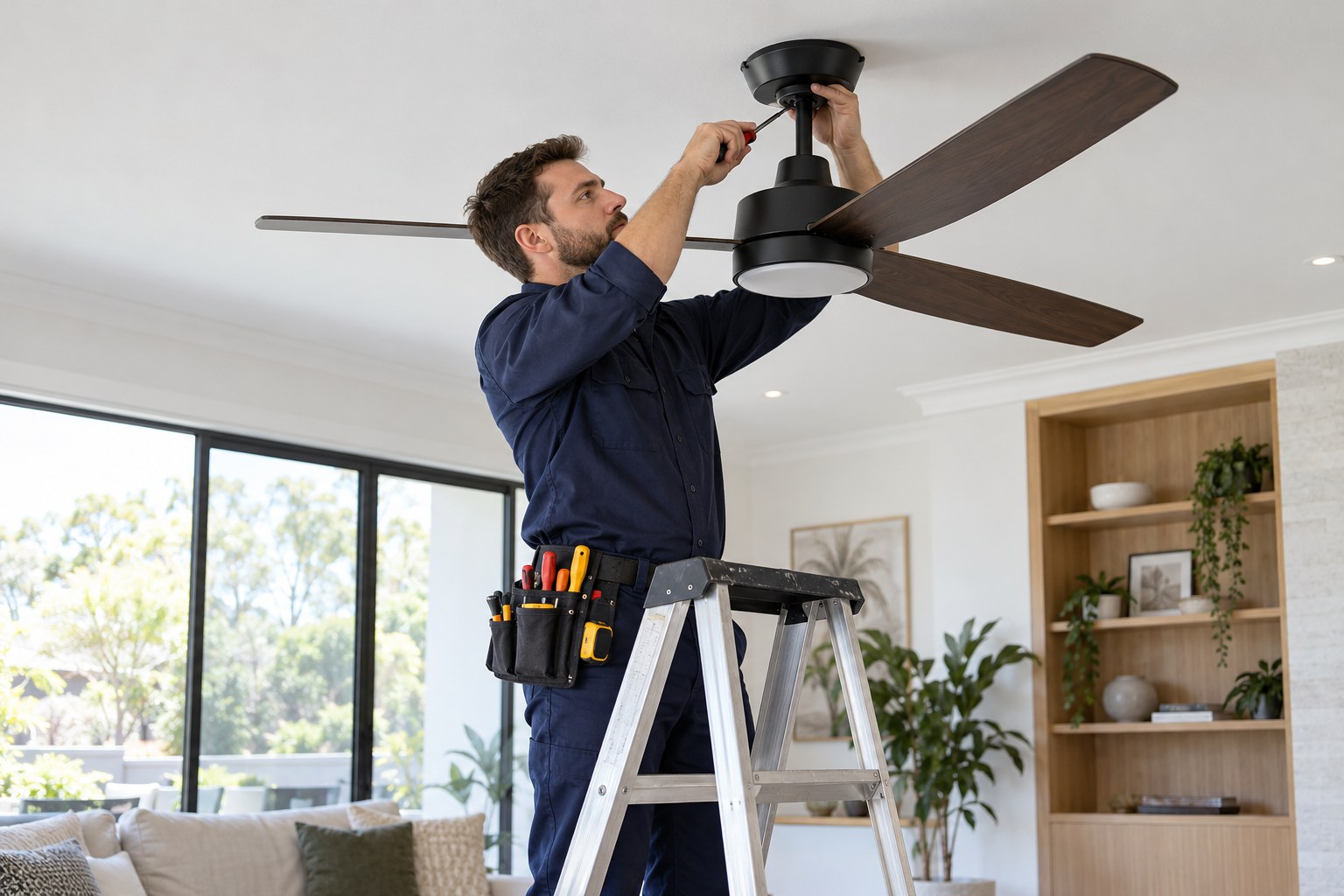 Illustrative professional ceiling fan installation