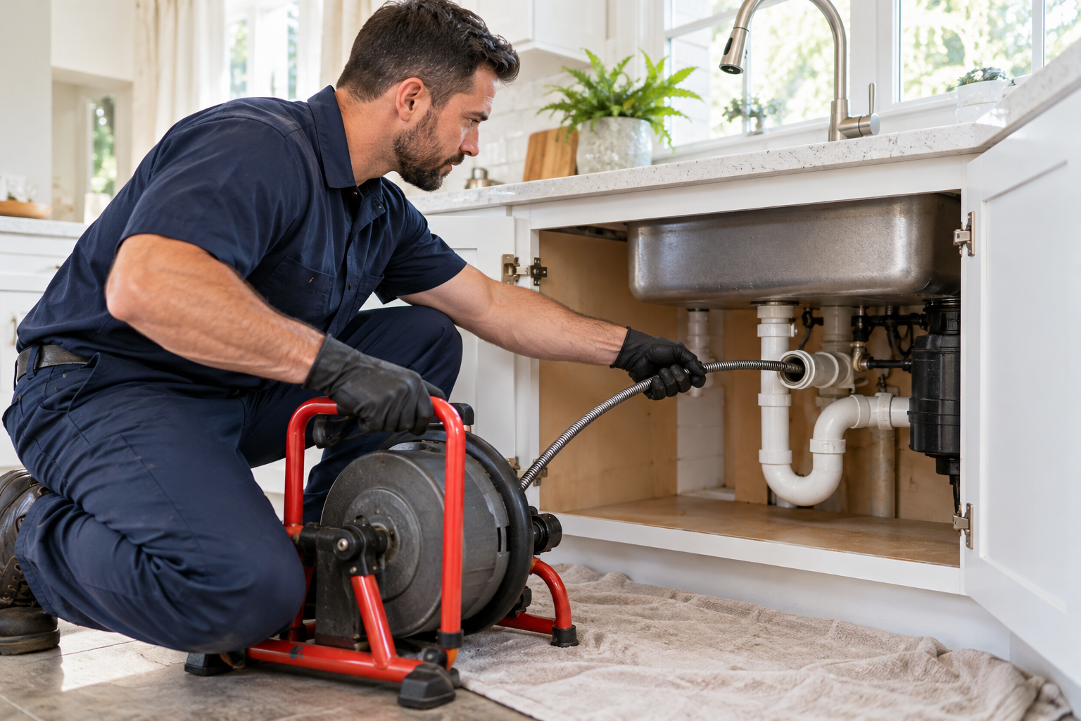 Technician cleaning a drain