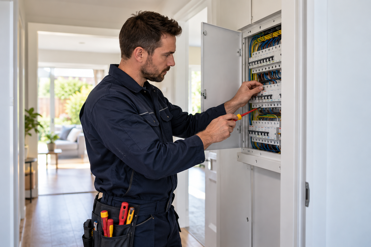 Electrician inspecting an electrical panel