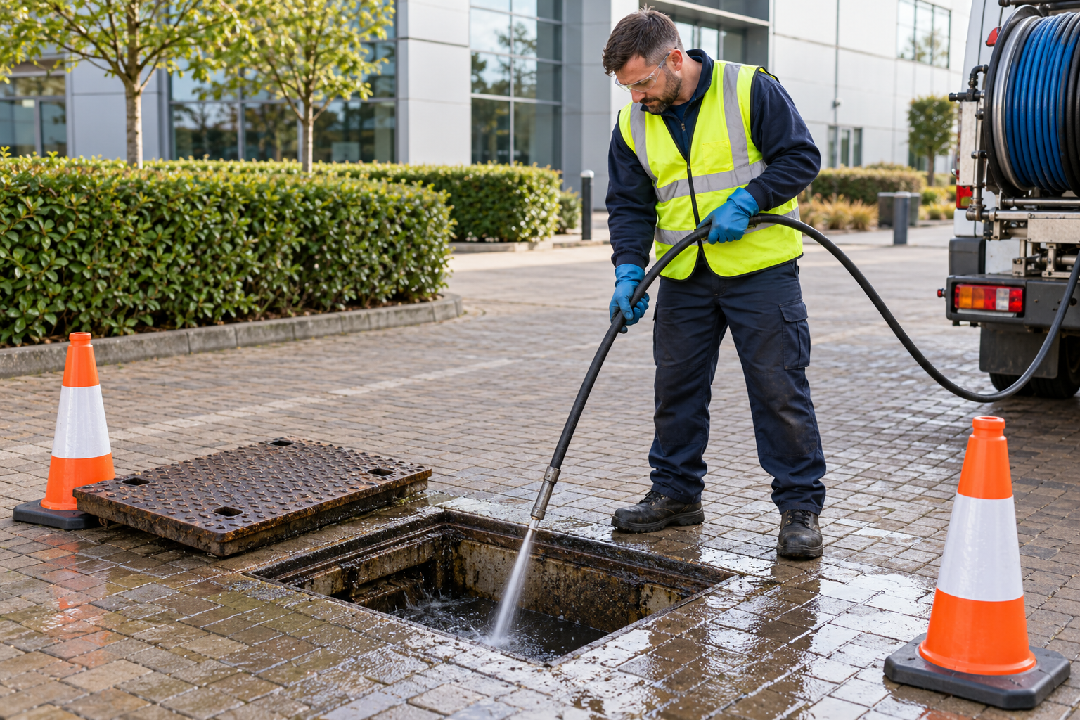 Illustrative professional manhole drain cleaning
