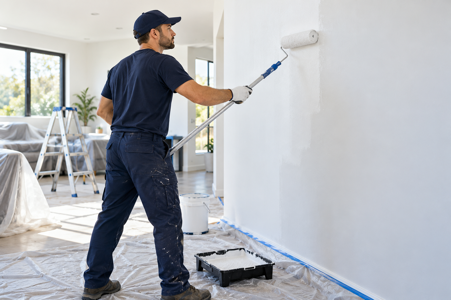 Professional painter painting an interior wall
