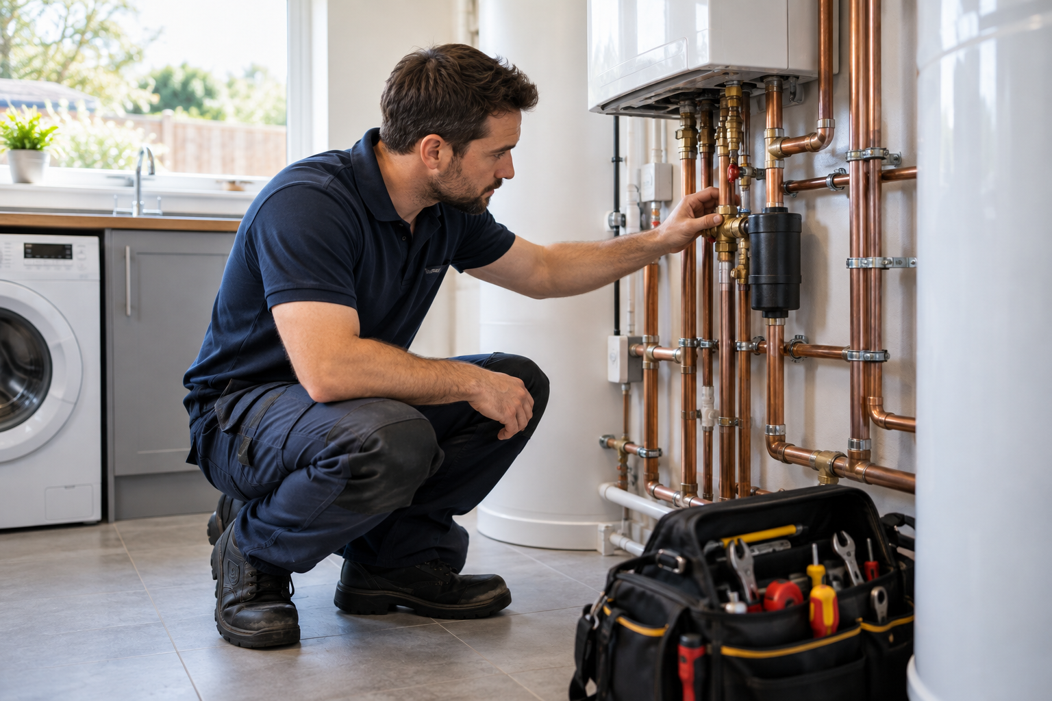 Plumber working on water pipes